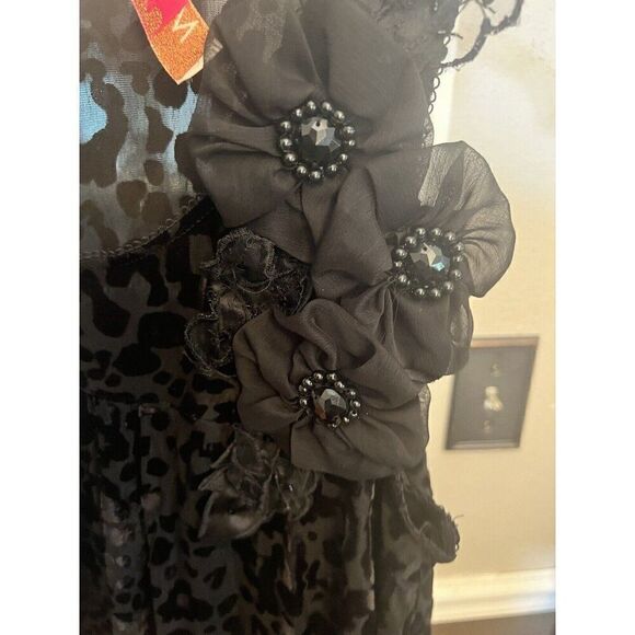 Maya Y2K Hitched Hem Dress M L Cheetah Sheet Black Sleeveless Bubble Puff     F - Picture 10 of 10